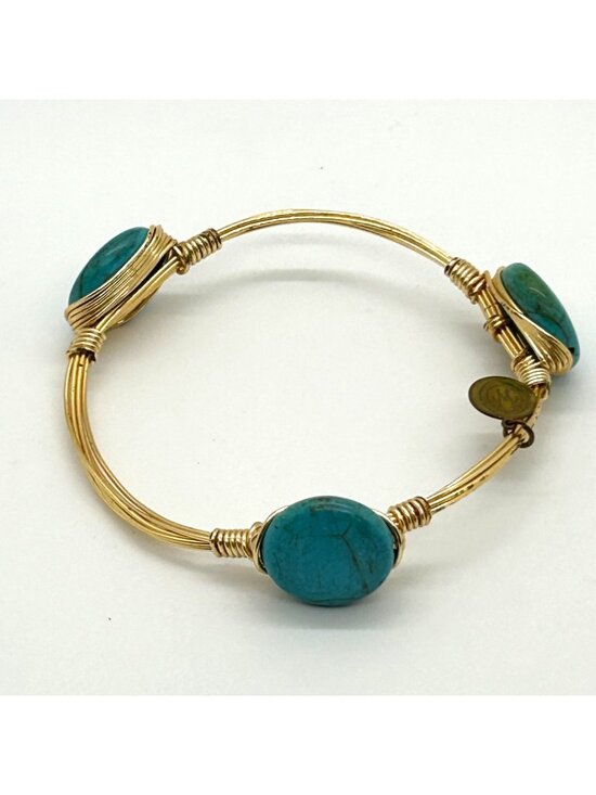 Estate Jewelry - Bohemian Faux Turquoise Gold Tone Wire Wrap Bangle Bracelet Stackable Handmade